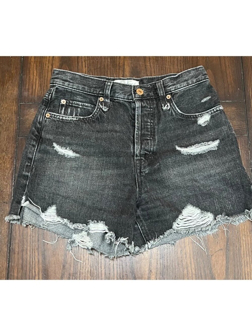 We The Free People Makai Distressed Denim Cutoff Jean Shorts Button High Rise 25